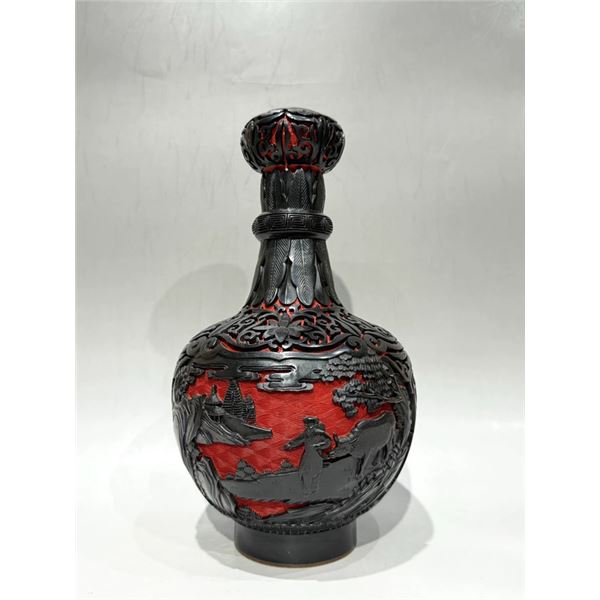 Beijing Lacquer Factory Copper-Base Two-Color Carved Vase with Shepherd Boy Returning Home Design