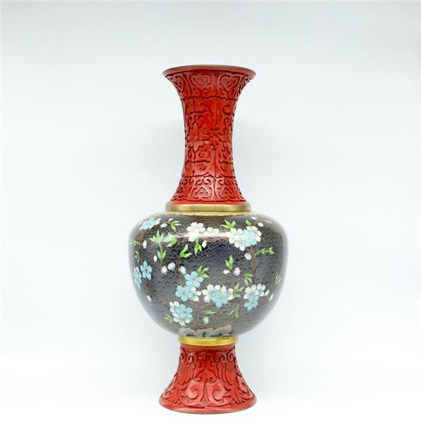 Cloisonné Enamel Vase with Floral Patterns and Red Carved Details