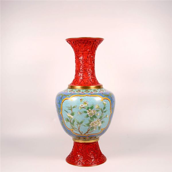 Cloisonné Enamel Vase with Floral Patterns and Red Base