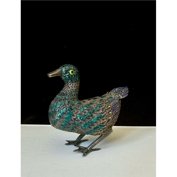 Silver Cloisonné Enamel Duck Figurine