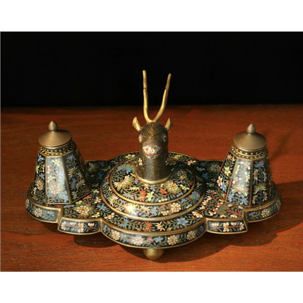 Cloisonné Deer-Head Brush Rest and Ink Box