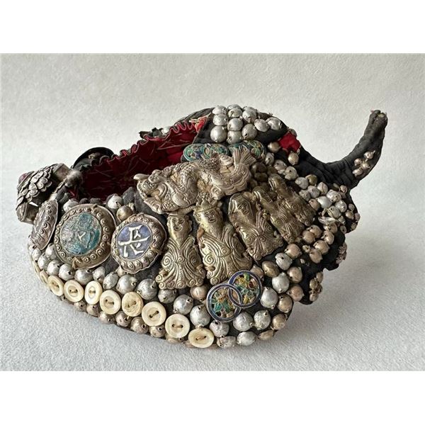 Qing Dynasty Child’s Hat with Full Silver Floral Inlays