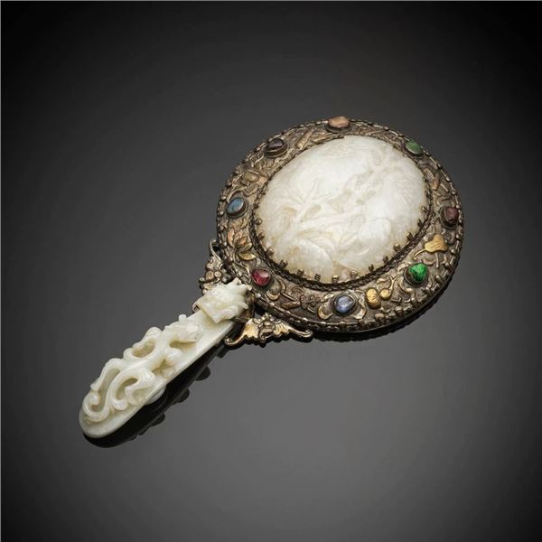 Hand Mirror with Inlaid Jade Carving and Gemstone Ornaments