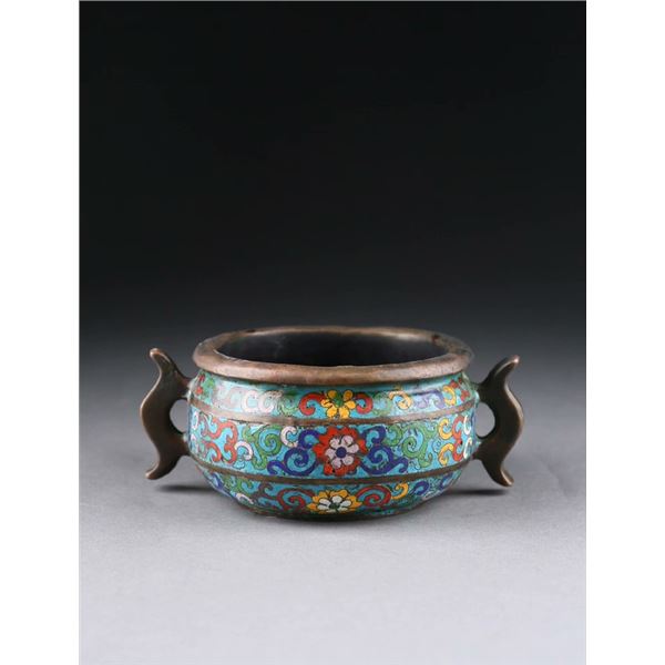 Old Copper Cloisonné Incense Burner with Double Fish Handles