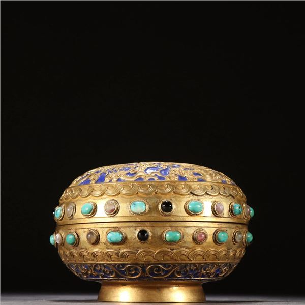 Qing Dynasty Gilt Bronze Box with Inlaid Gems and Lion Design