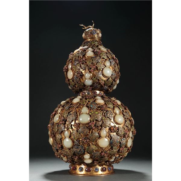 Kangxi Gilt Bronze Gourd Vase with Jade Inlay — “Prosperity for Generations[x=#822