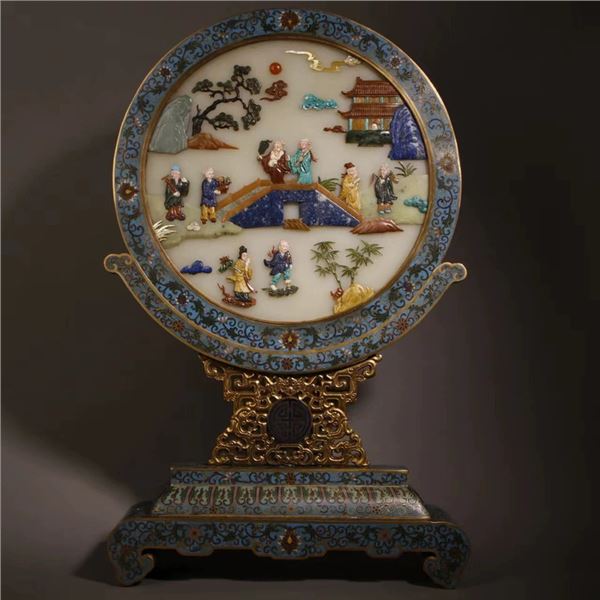 Cloisonné Enamel Candle Screen with Inlaid Gemstones and Jade
