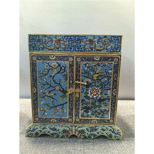 Cloisonné Enamel Cabinet with Birds and Floral Motifs