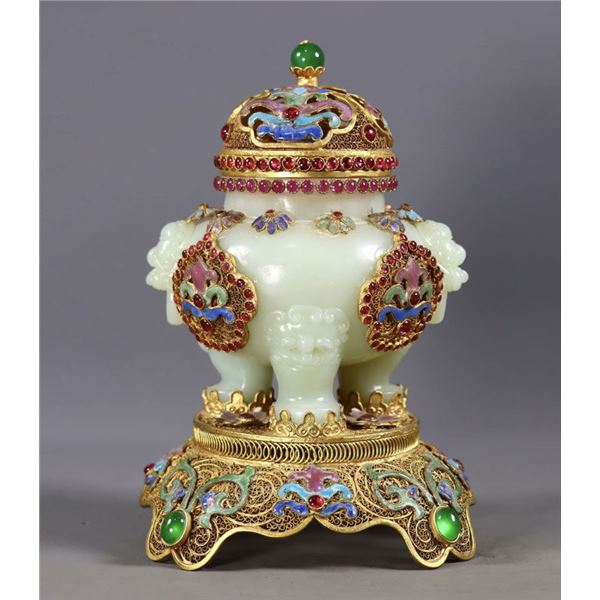 Cloisonné Enamel and Jade Gemstone Incense Burner