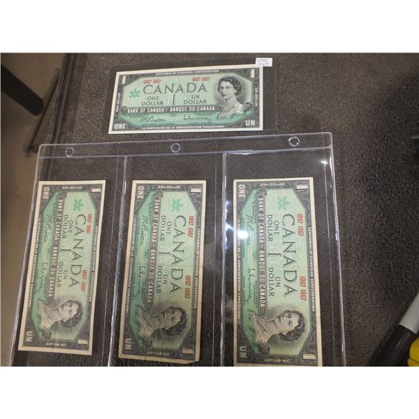Four 1967 Canadian One Dollar Bills