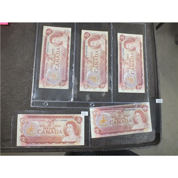 Five 1974 Canadian Two Dollar Bills