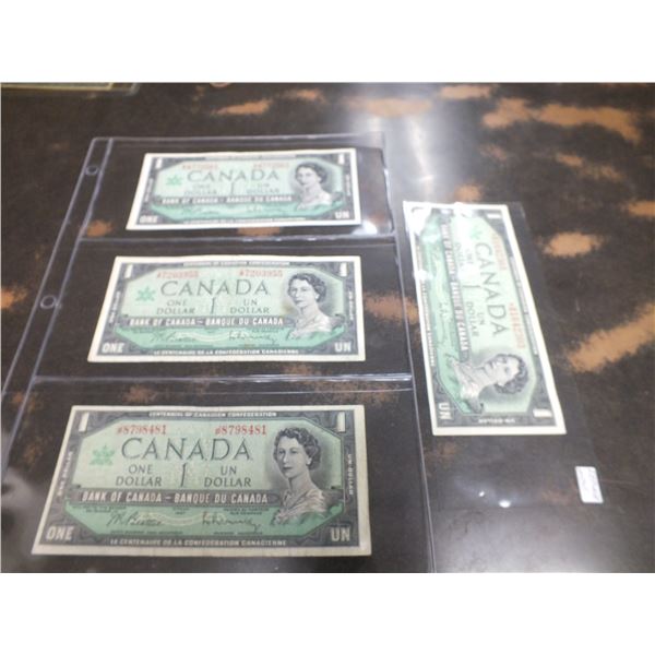Four 1967 Canadian One Dollar Bills