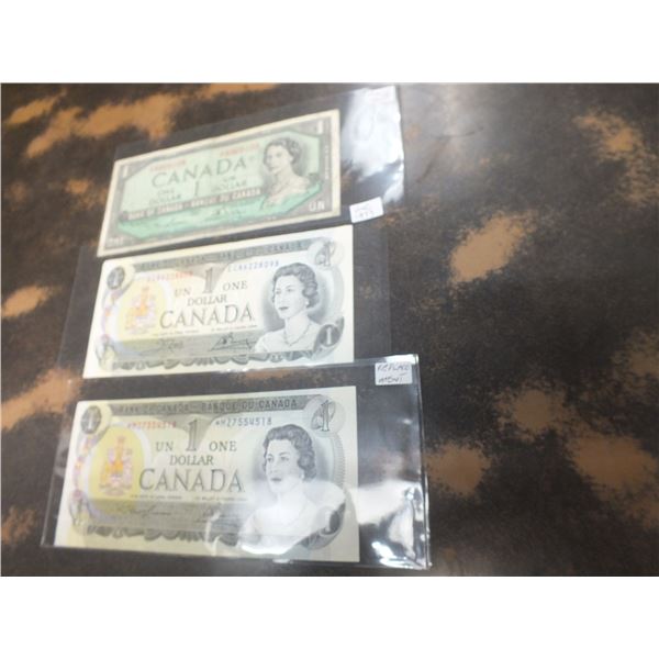 Three 1 Dollar Canadian Bills
