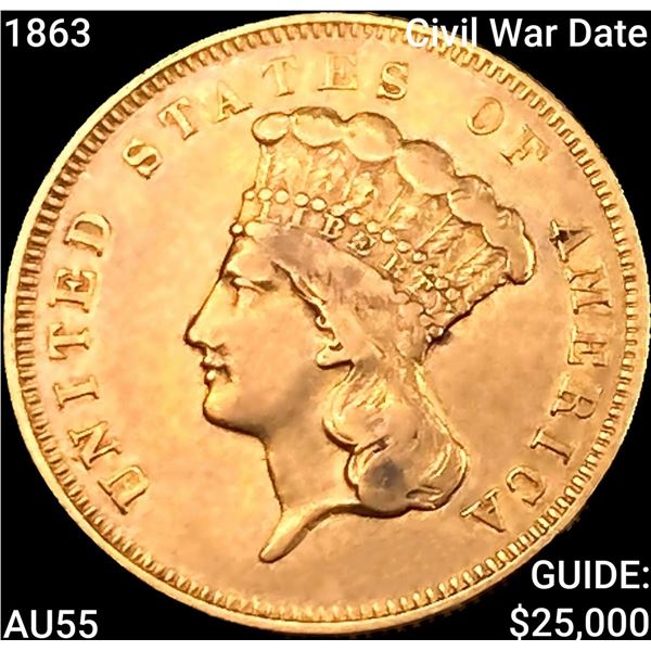 1863 Civil War Date $3 Gold Piece HIGH GRADE