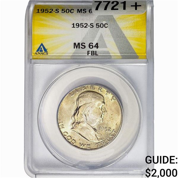1952-S Franklin Half Dollar ANACS MS64 FBL
