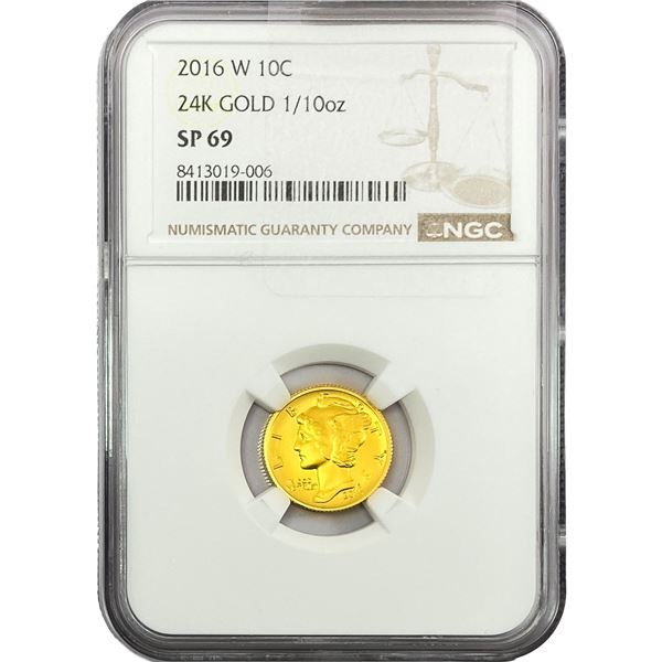 2016-W 24k 1/10oz Gold Mercury Dime NGC SP69