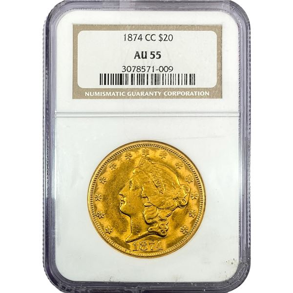 1874-CC $20 Gold Double Eagle NGC AU55