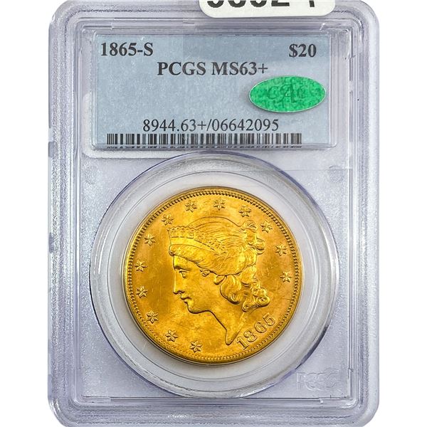 1865-S CAC $20 Gold Double Eagle PCGS MS63+