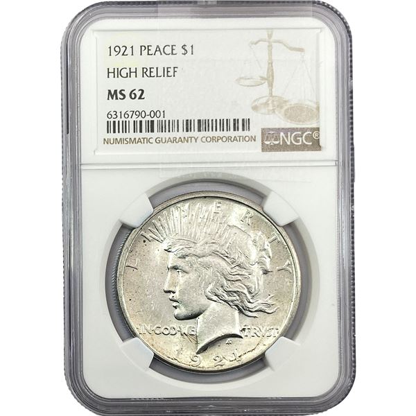 1921 Silver Peace Dollar NGC MS62 High Relief