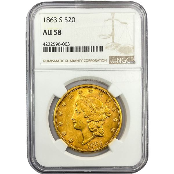 1863-S $20 Gold Double Eagle NGC AU58