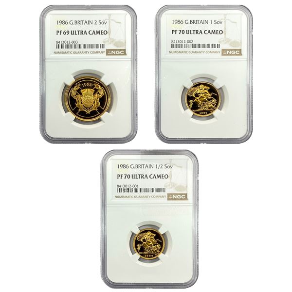[3]1986 G. Britain Gold 1/2, 1, & 2 Sovereign NGC PF70 UC