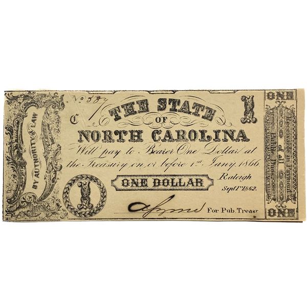 1862 $1 State Of North Carolina Note
