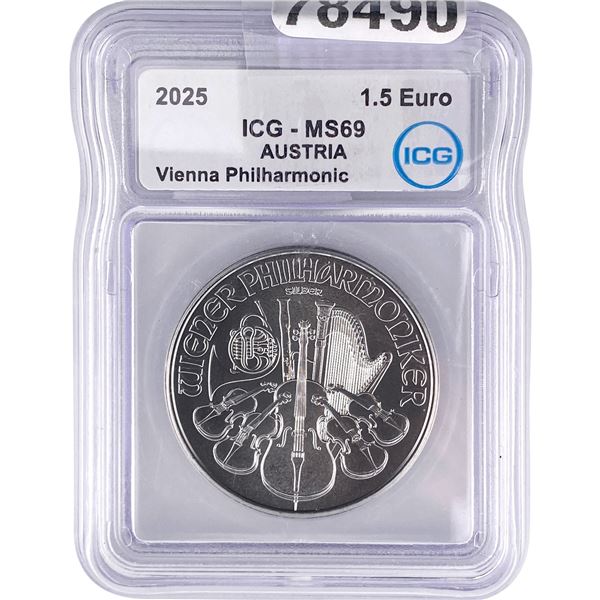 2025 Austria 1oz Silver 1.5 Euro-VIenna Philharmonic ICG MS69