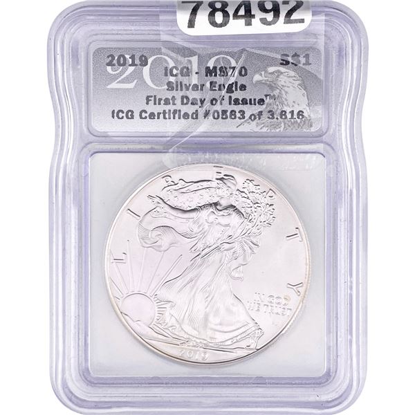 2019 Silver Eagle ICG MS70 First Day of Issue