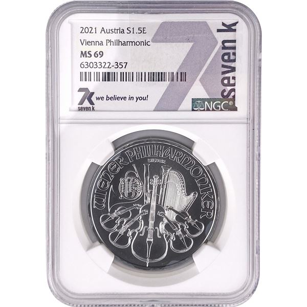 2021 Austria 1oz Silver 1.5 Euro-Vienna Philharmonic NGC MS69