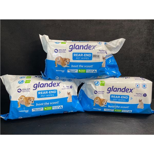 3 Packs of Glandex Rear-End Pet Wipes for Dogs & Cats - 100 Wipes Each - New