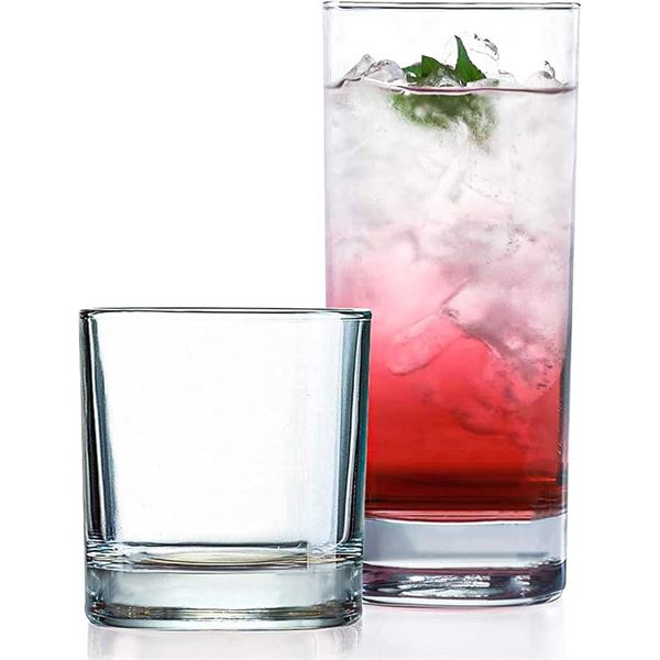 Set of 8 Drinking Glasses - Set Includes x4 Tall Glasses (13.5oz) & x4 Short Glasses (10oz) New