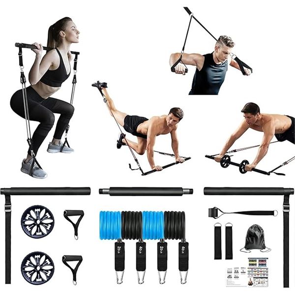 1 Pilates Bar Kit with Resistance Bands - Strength Training Device - Adjustable Length & Resistance