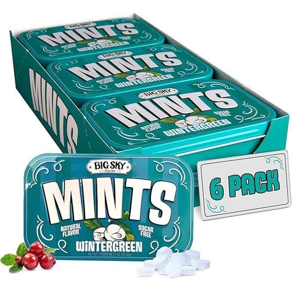 6-Pack Case of Big Sky Sugarfree Mints - Wintergreen Mint Candy (50g Each) - New Sealed
