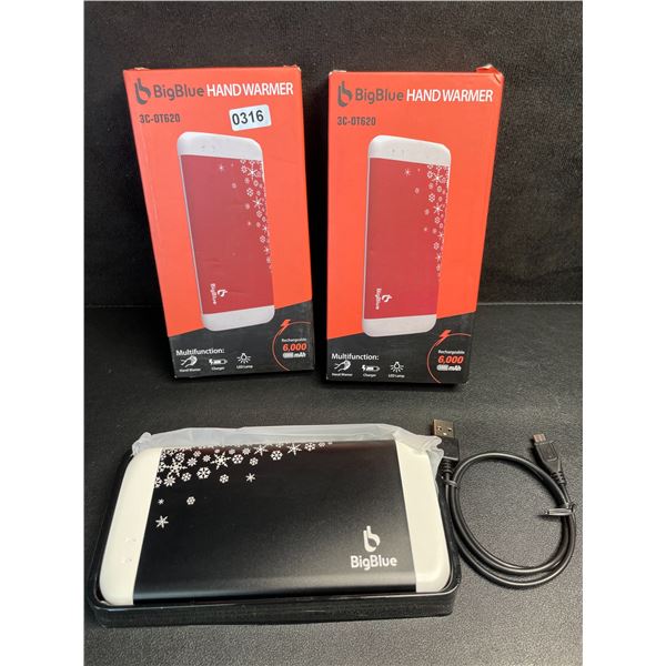 Lot of 2 BigBlue Electric Hand Warmers/Portable Powerbanks (6,000mAh) w/ Emergency Light - New