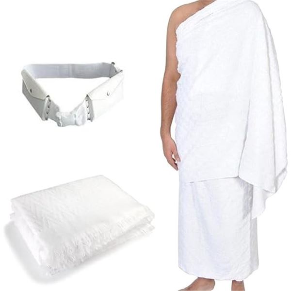 Traditional Ihram Towel Set for Men; 2PC 100% Pure Cotton Towels with Belt - Brand New