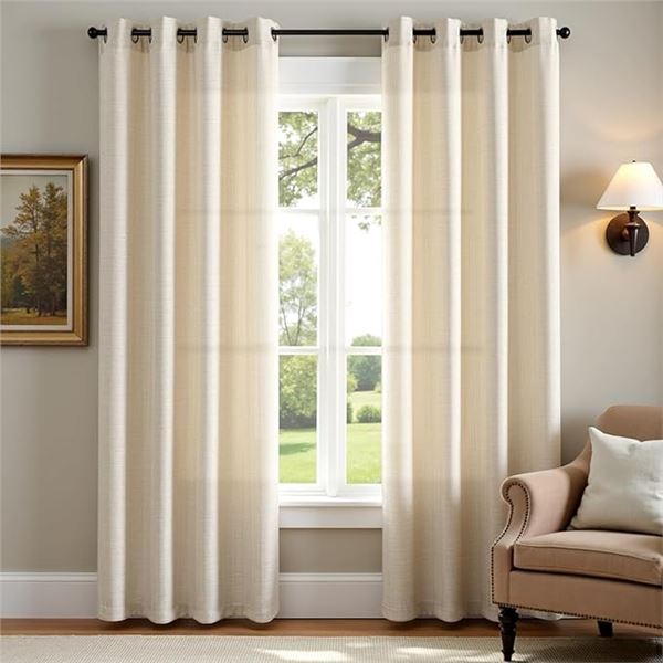 Linen Textured Casual Wave Curtains for Living Room (2 Panels) 84" Length - Beige/Ivory - New