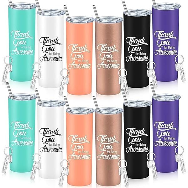 12-Pack Box of "Thank You for Being Awesome" Tumbler Mugs with Lid & Straws - New