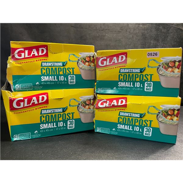 4 Boxes of GLAD Drawstring Compost Small 10L Bags (30 Bags Each) 17" x 18" Size - New