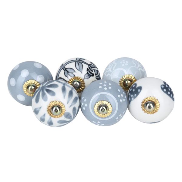 Box of 6 Grey & White Cupboard Knobs - Ceramic Drawer Pulls for Cabinets (2.5" x 1.7") New