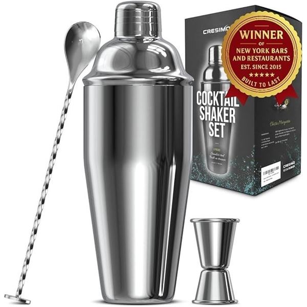 Cresimo Cocktail Shaker Set (24oz) Mixology Bartender 3PC Kit; Stainless Steel Drink Shaker - New