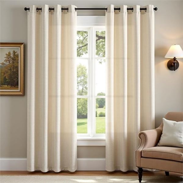 Linen Textured Casual Wave Curtains for Living Room (2 Panels) 84" Length - Beige/Ivory - New