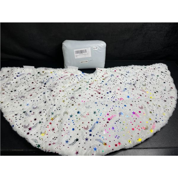 Lot of 2 Plush Faux Fur Christmas Tree Skirts (White) With Colorful Metallic Moons/Stars - New!