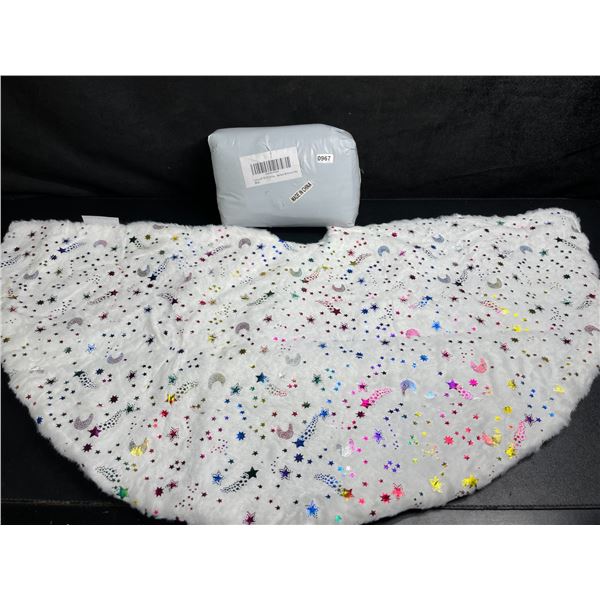 Lot of 2 Plush Faux Fur Christmas Tree Skirts (White) With Colorful Metallic Moons/Stars - New!