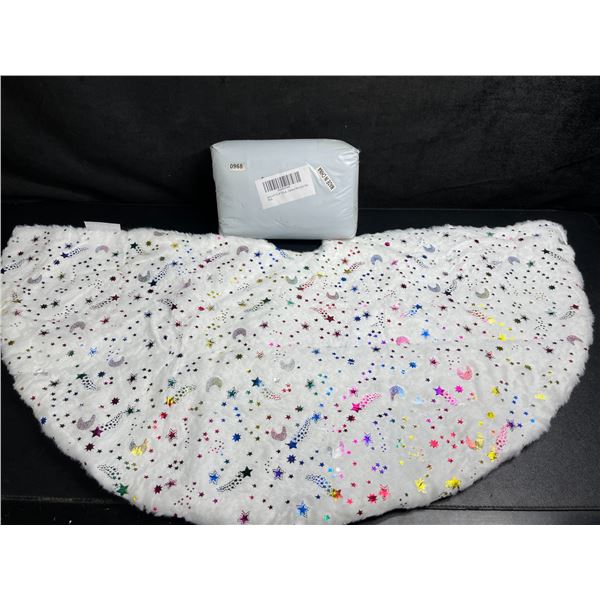 Lot of 2 Plush Faux Fur Christmas Tree Skirts (White) With Colorful Metallic Moons/Stars - New!