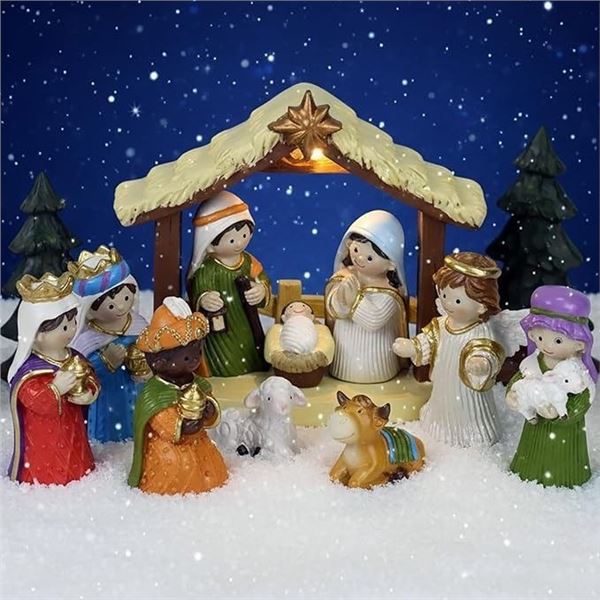 13PC Nativity Set/Christmas Story Set with LED Light - Tabletop Nativity Figurine Set - New Sealed