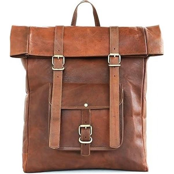 Anuent Roll-Top Leather Backpack/Vintage Brown Large Travel Business Bag - Brand New