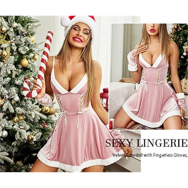 1 Avidlove Women's Sexy Christmas Lingerie Set (Size M) Babydoll Pink Dress with Fingerless Gloves