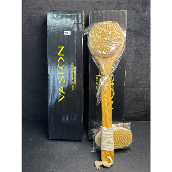 2 Vaslon Professional Body Scrub Brushes with Exfoliating Hand Brush - New