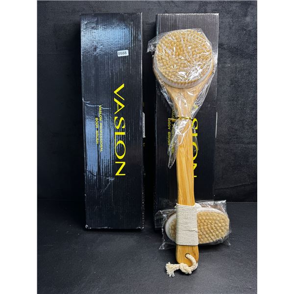 2 Vaslon Professional Body Scrub Brushes with Exfoliating Hand Brush - New