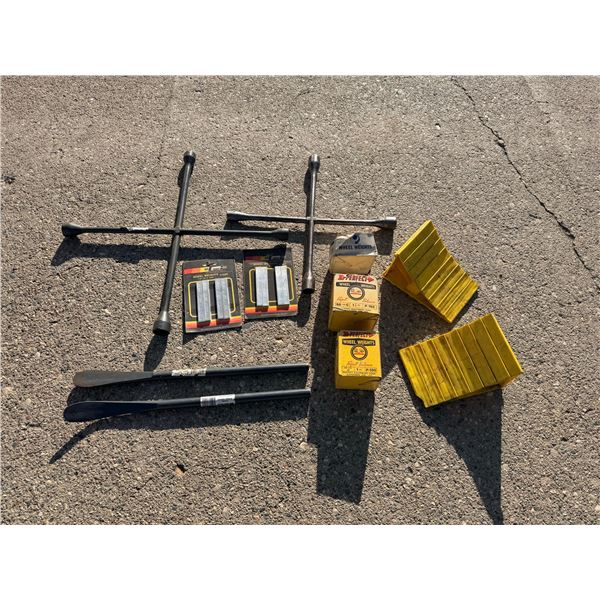 TIRE IRONS, 18-IN STRAIGHT SPOONS, TIRE WEIGHTS, AND TIRE CHOCKS